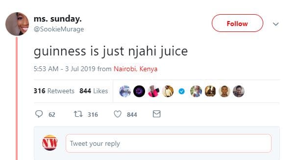 Ms sunday. sookiemurage follow guinness is just njahi juice 5.53 am 3 jul from n