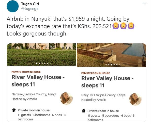 Tugen girl tugengirl airbnb in nanyuki that's 1,959 a night. going by today's ex