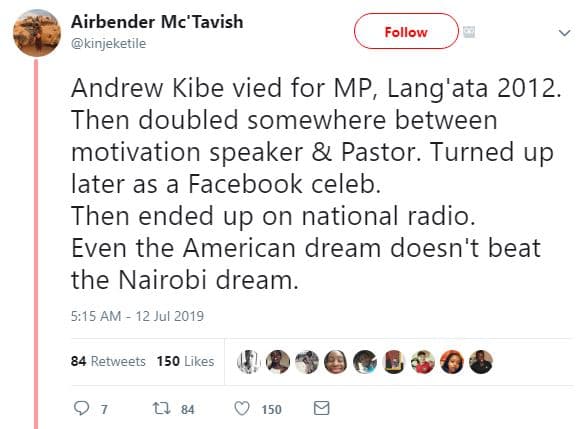 Airbender mc'tavish kinjeketile follow andrew kibe vied for mp, lang'ata . then