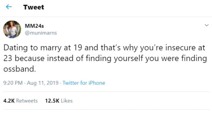 Tweet mm24s munimarns dating to marry at 19 and that's why you're insecure at 23