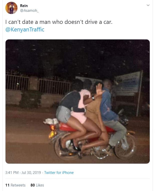 Rein asamoh _ can't date a man who doesn't drive a car. kenyantraffic 3,41 pm ju