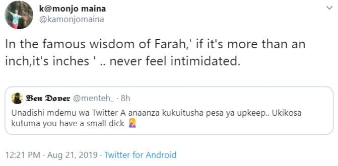Kmonjo maina kamonjomaina in the famous wisdom of farah ' if it's more than an i