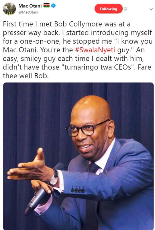 Mac otani macotani following first time met bob collymore was at a presser way b