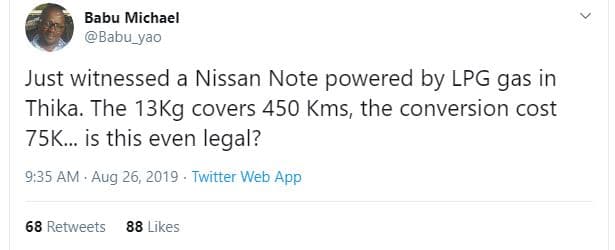 Babu michael babu_yao just witnessed a nissan note powered by lpg gas in thika.