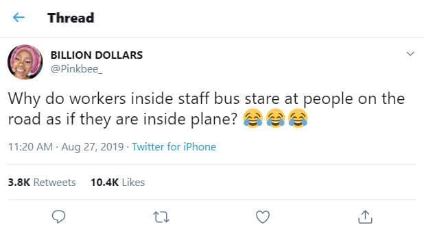 Thread billion dollars pinkbee why do workers inside staff bus stare at people o
