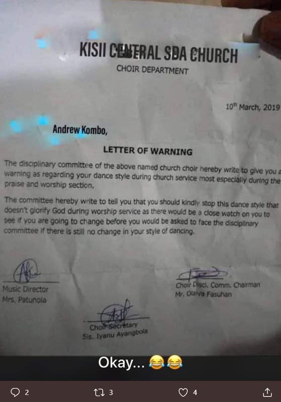 Kisii ceneral sda church choir department 10 march, andrew kombo, letter of warn