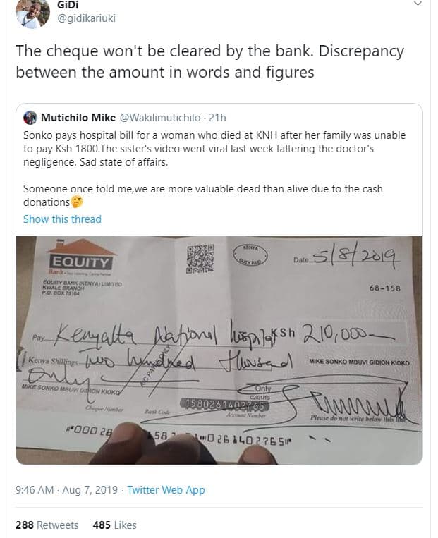 Gidi gidikariuki the cheque won't be cleared by the bank. discrepancy between th