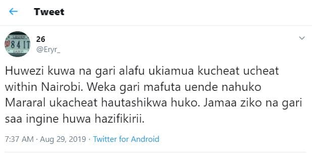 Tweet 26 eryr_ 84 huwezi kuwa na gari alafu ukiamua kucheat ucheat within nairob