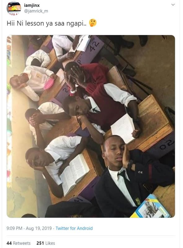 Iamjinx jamrick_m hii ni lesson ya saa ngapi. k 9.09 pm . aug 19, twitter for an