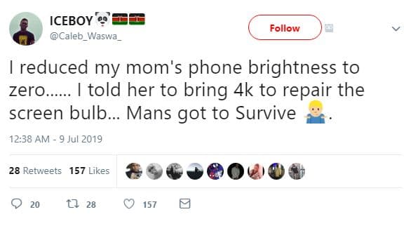 Iceboy caleb_waswa follow reduced my mom's phone brightness to zero. told her to