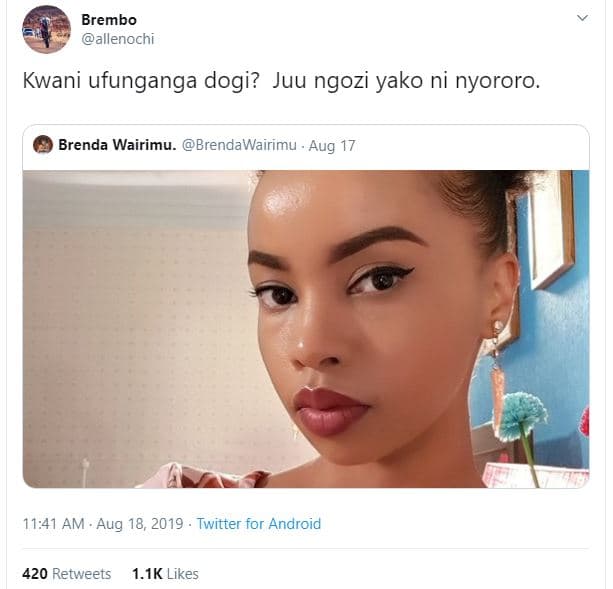 Brembo allenochi kwani ufunganga dogi? juu ngozi yako ni nyororo. brenda wairimu