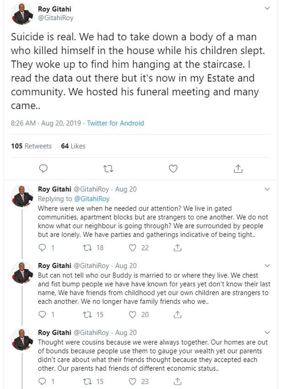 Roy gitahi gitahiroy suicide is real. we had to take down a body of a man who ki