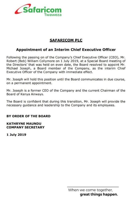 Safaricom twaweza safaricom plc appointment of an interim chief executive office
