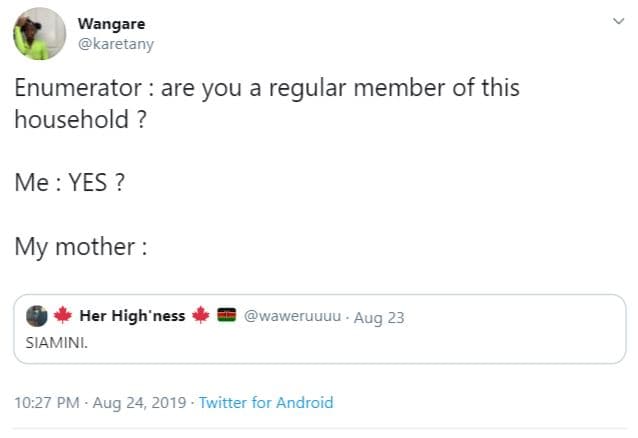 Wangare karetany enumerator are you regular member of this household ? me yes ?