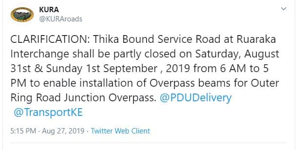 Kura kuraroads clarification thika bound service road at ruaraka interchange sha
