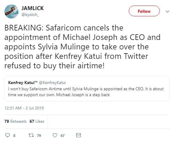 Jamlick kyaloh_ follow breaking safaricom cancels the appointment of michael jos