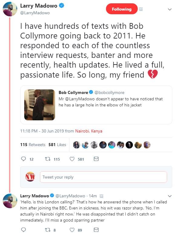 Larry madowo larrymadowo following have hundreds of texts with bob collymore goi