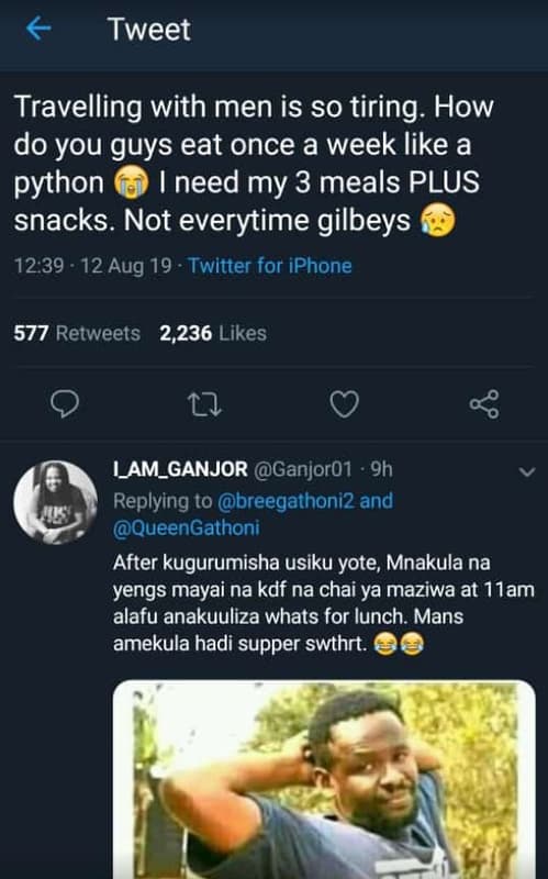 Tweet travelling with men is so tiring. how do you guys eat once a week like a p