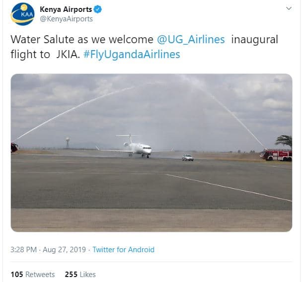 Kenya airports kaa kenyaairports water salute as we welcome ug_airlines inaugura