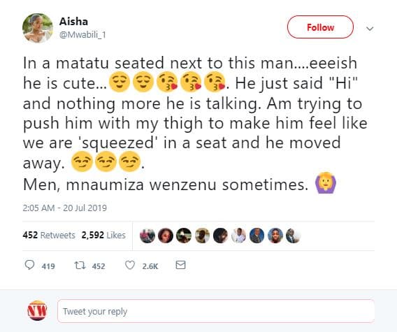 Aisha mwabili _ follow in a matatu seated next to this man.eeeish he is cute he