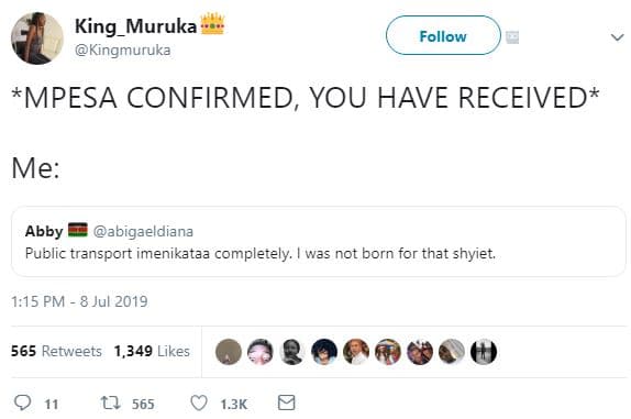 King_muruka kingmuruka follow mpesa confirmed, you have received me abby abigael