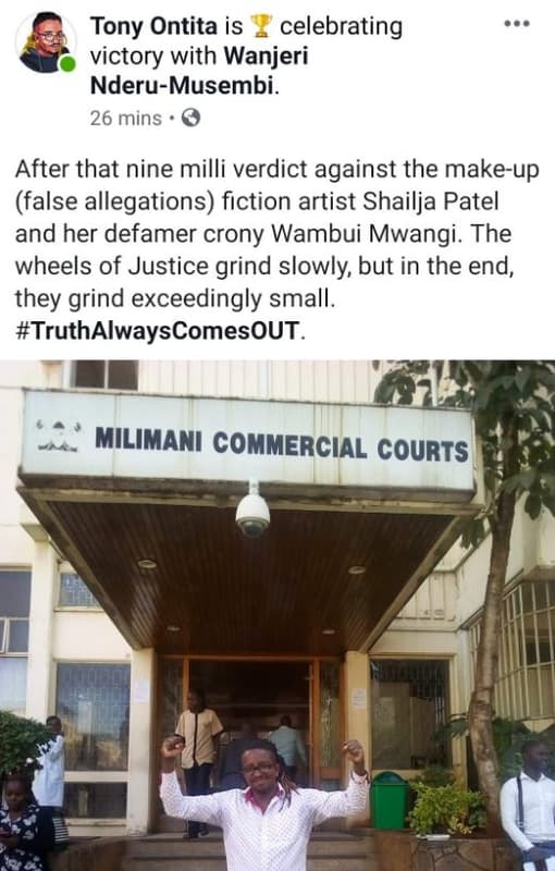 Tony ontita is celebrating victory with wanjeri nderumusembi. 26 mins after that