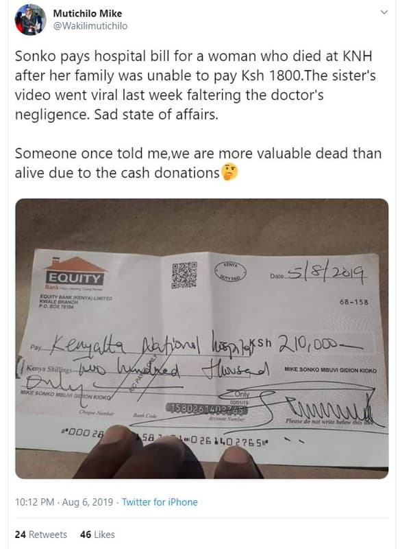 Mutichilo mike wakilimutichilo sonko pays hospital bill for a woman who died at