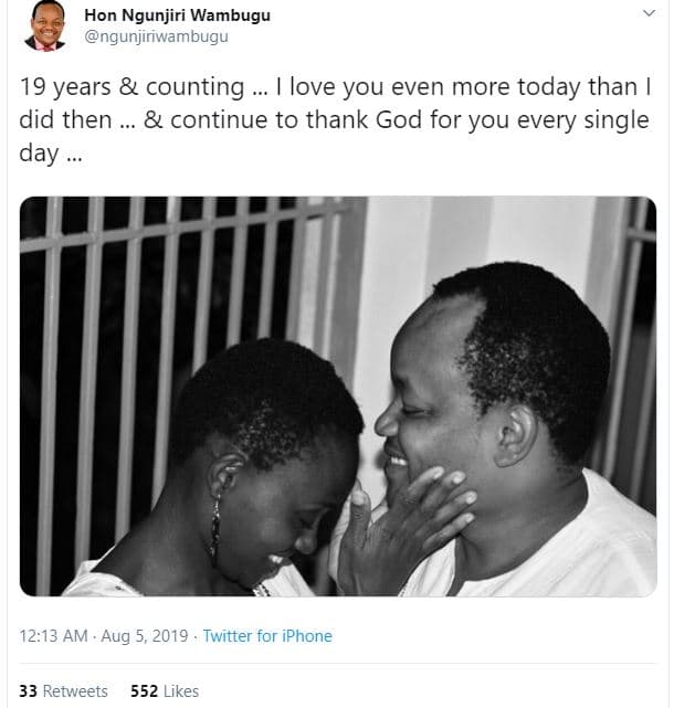 Hon ngunjiri wambugu ngunjiriwambugu 19 years counting love you even more today