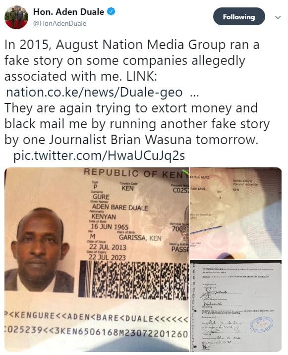 Hon. aden duale honadenduale following in , august nation media group ran fake s