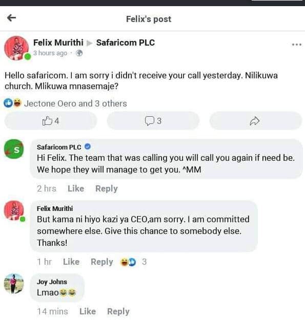 Felix's post felix murithi safaricom plc 3 hours ag0 hello safaricom am sorry i