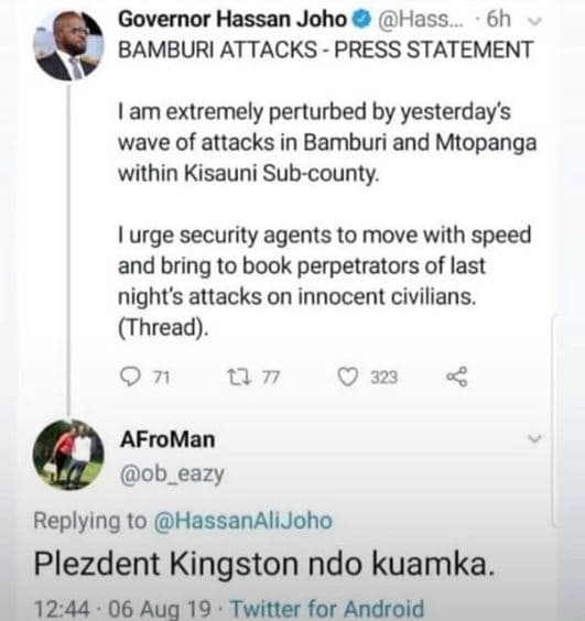 Governor hassan joho hass . 6h bamburi attacks press statement am extremely pert