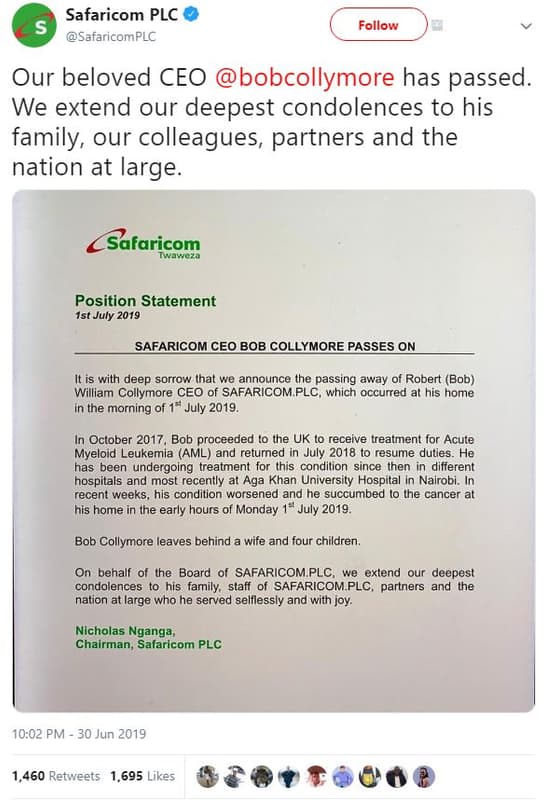 Safaricom plc safaricomplc follow our beloved ceo bobcollymore has passed. we ex