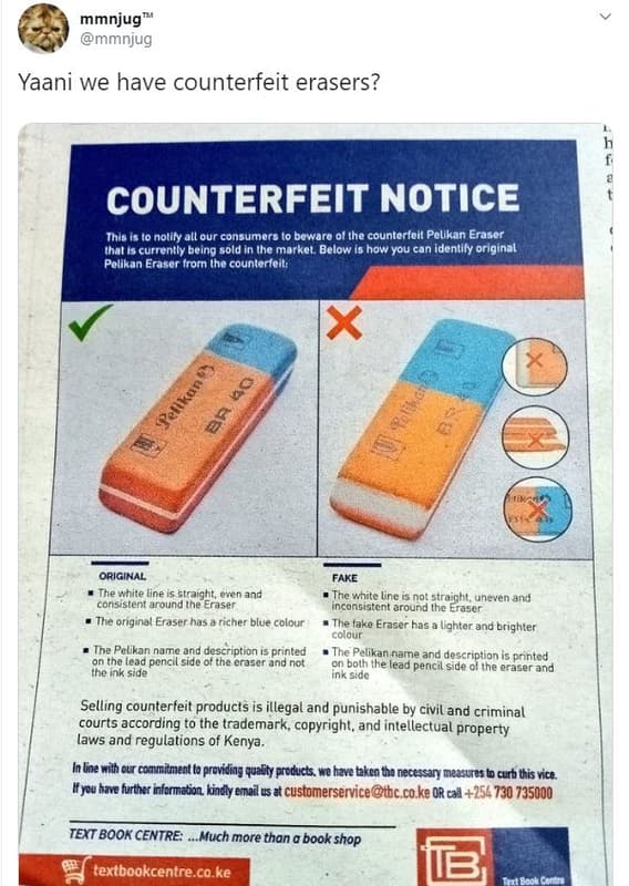 Mmnjug mmnjug yaani we have counterfeit erasers? counterfeit notice ihis is10 no
