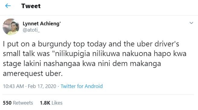 Tweet lynnet achieng' atoti put on burgundy top today and the uber driver's smal