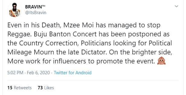 Bravint itsbravin even in his death mzee moi has managed to stop reggae. buju ba