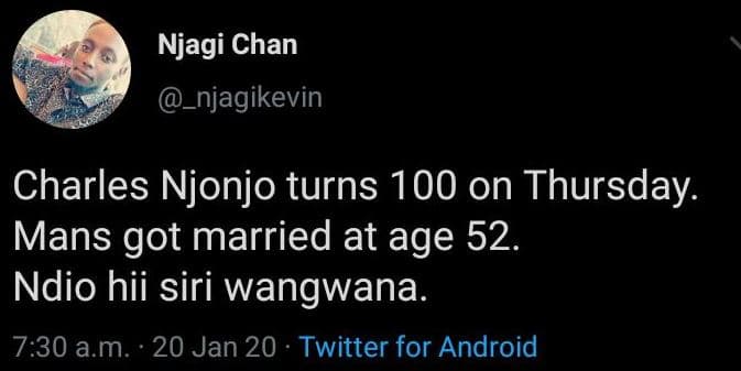 Njagi chan _njagikevin charles njonjo turns 100 on thursday. mans got married at