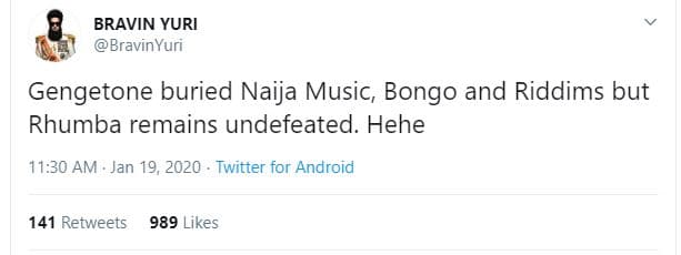 Bravin yuri bravinyuri gengetone buried naija music bongo and riddims but rhumba