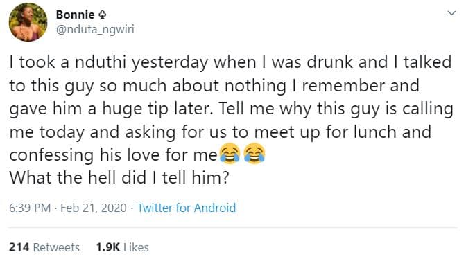 Bonnie nduta _ngwiri took a nduthi yesterday when was drunk and talked to this g