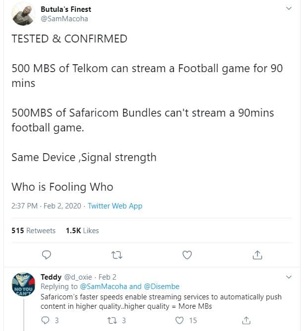 Butula's finest sammacoha tested confirmed 500 mbs of telkom can stream a footba