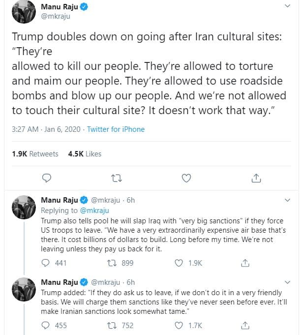 Manu raju mkraju trump doubles down on going after iran cultural sites they' re