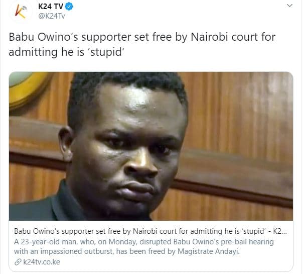 K24 tv k24tv babu owino's supporter set free by nairobi court for admitting he i