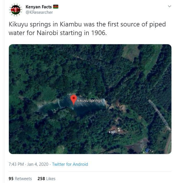 Kenyan facts kresearcher kikuyu springs in kiambu was the first source of piped