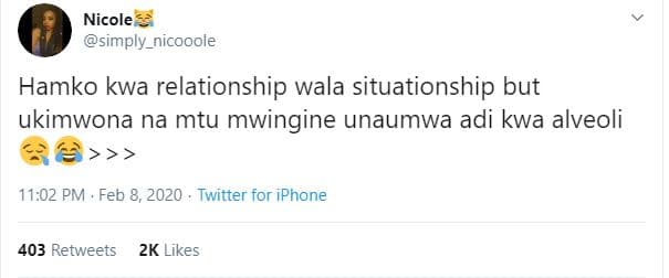 Nicole simply_nicooole hamko kwa relationship wala situationship but ukimwona na