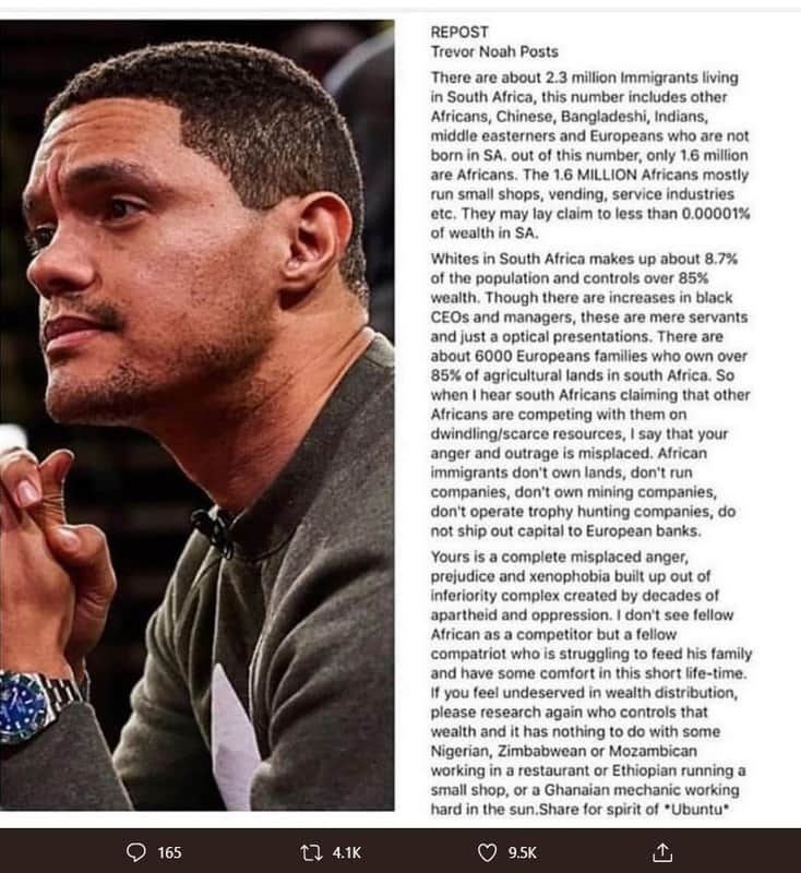 Repost trevor noah posts there are about 2.3 million immigrants living in south