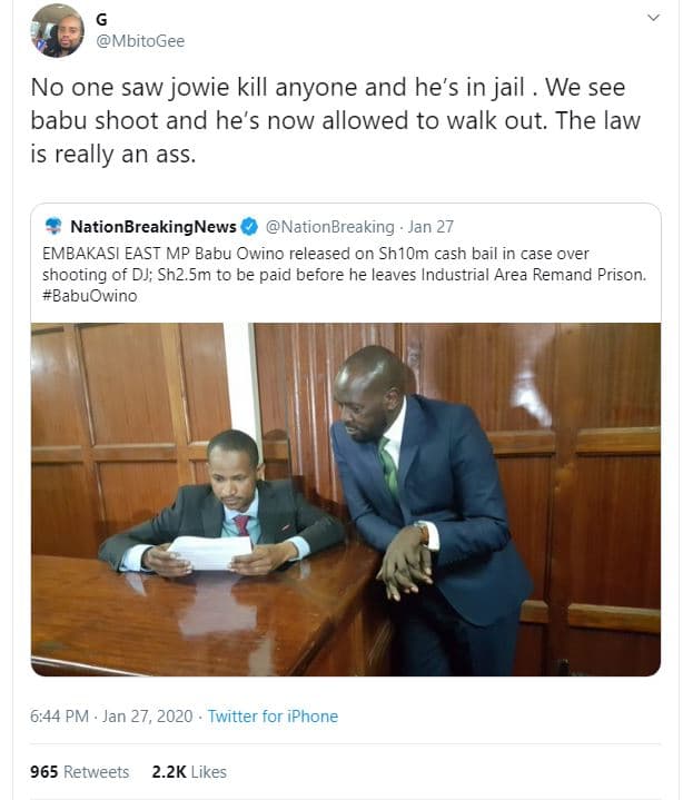 Mbitogee no one saw jowie kill anyone and he's in jail we see babu shoot and he'