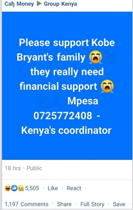 Cah money group kenya please support kobe bryant's family they really need finan