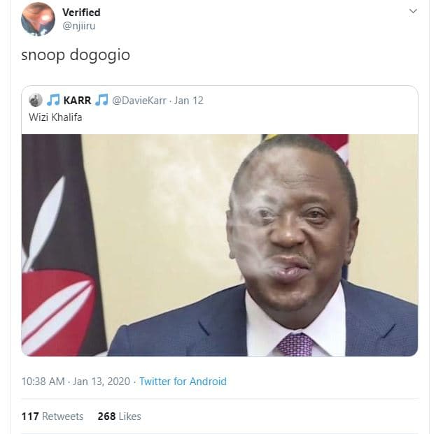Verified njiiru snoop dogogio karr wizi khalifa daviekarr . jan 12 10.38 am . ja