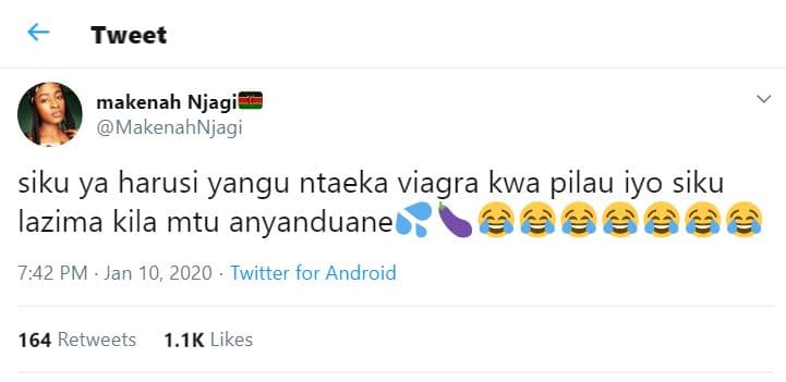 Tweet makenah njagi makenahnjagi siku ya harusi yangu ntaeka viagra kwa pilau iy