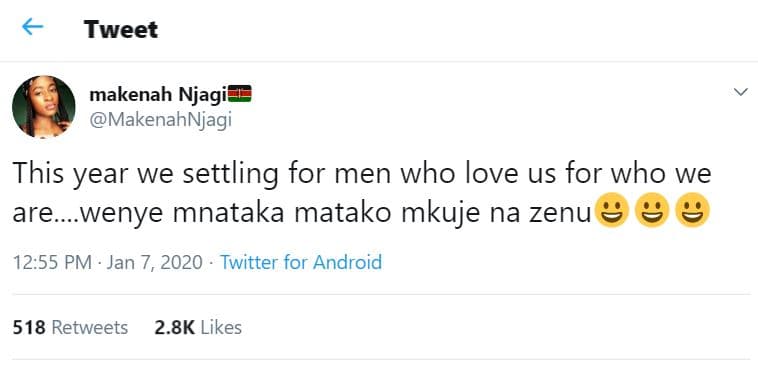 Tweet makenah njagi makenahnjagi this year we settling for men who love us for w