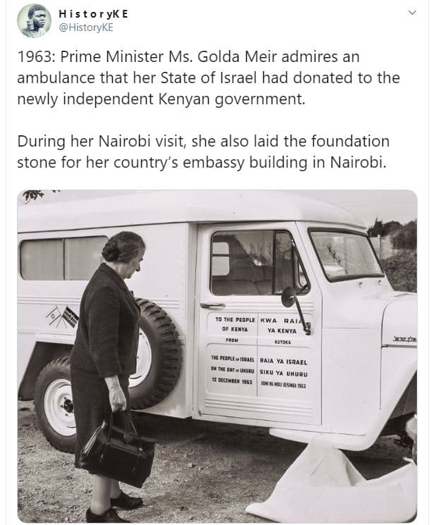 Historyk e historyke prime minister ms. golda meir admires an ambulance that her